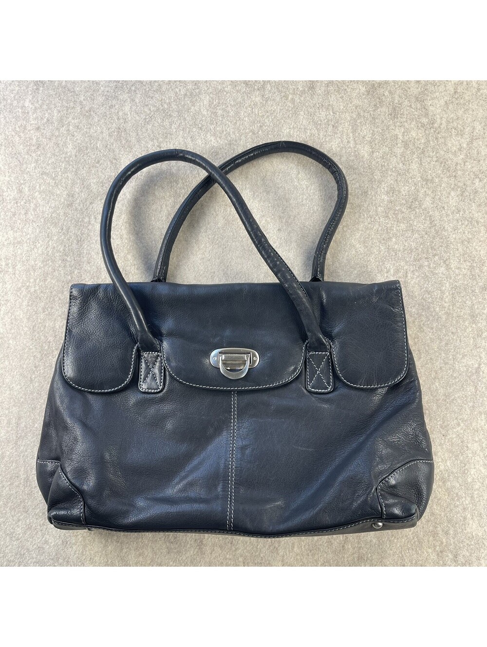 CLARKS Black Genuine Leather Double Handle Shoulder Purse Bag Zip silver buckle